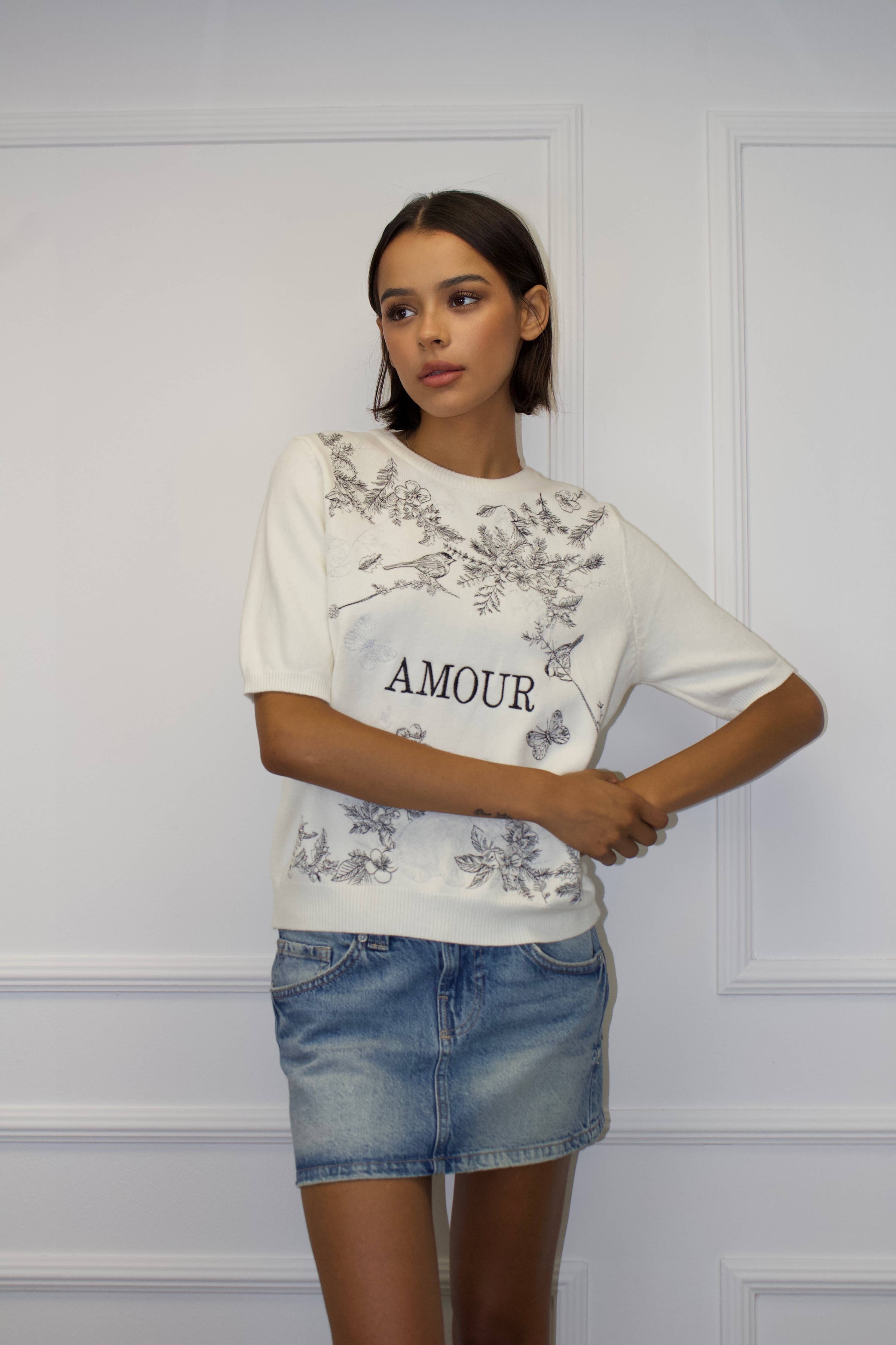 Amour – Stickad tröja i Kashmirmix med broderade detaljer