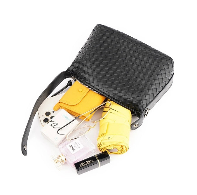 Woven leather bag made of recycled genuine leather