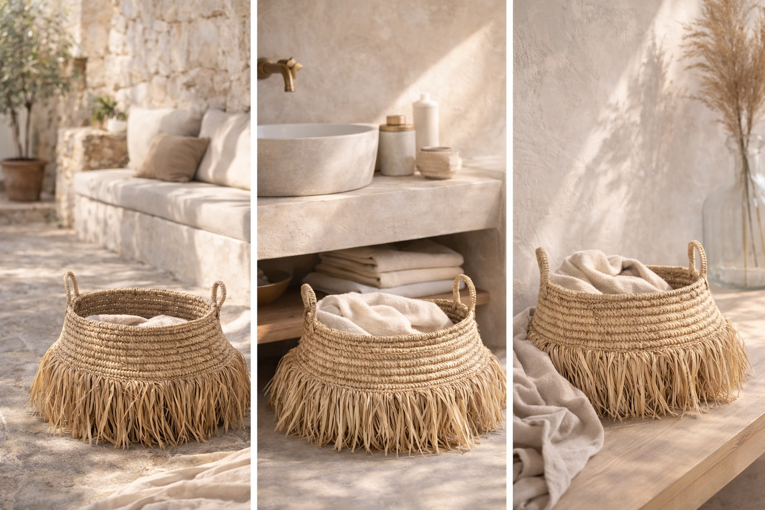 Stor raffiakorg med fransar – Natural