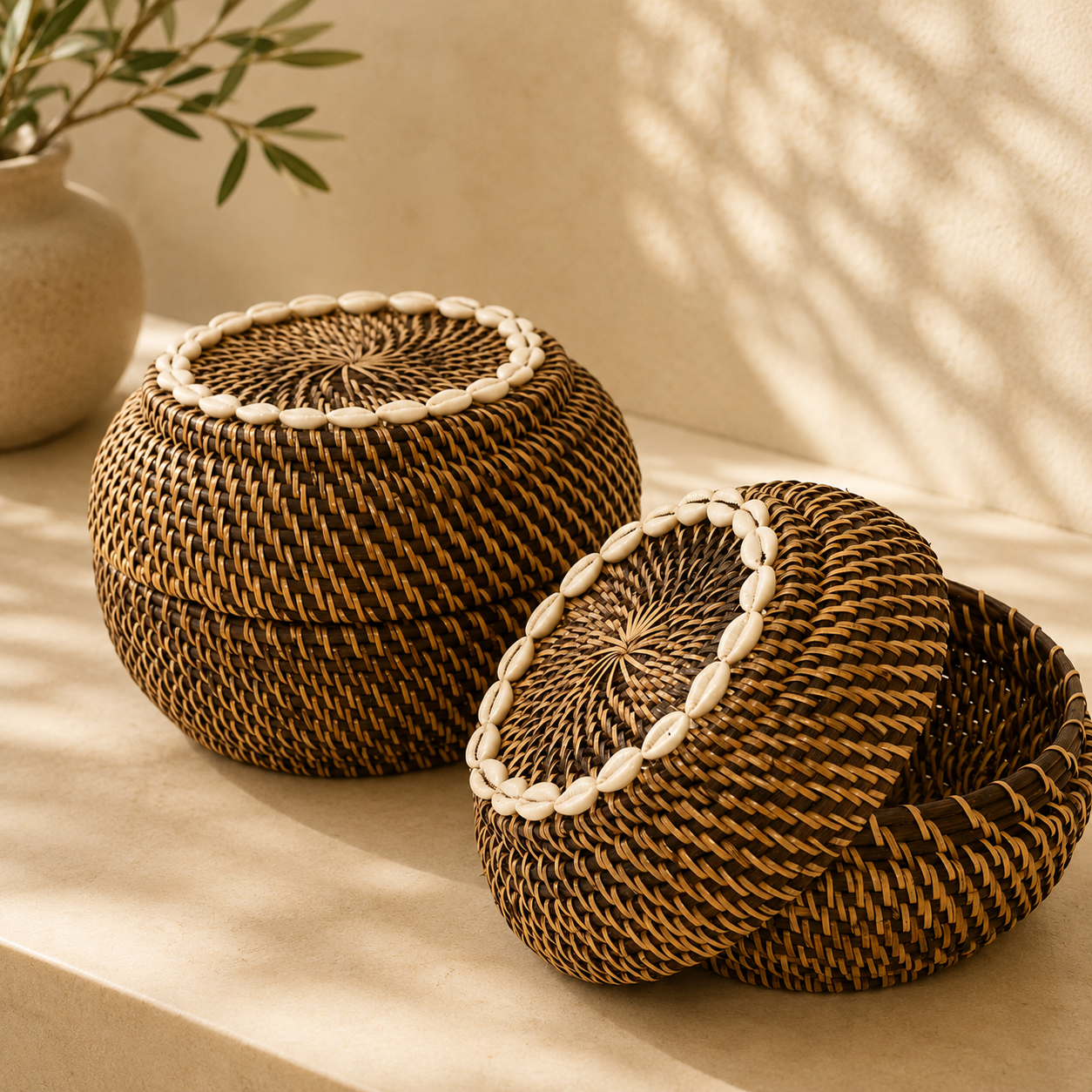 Panier en rotin avec couvercle et coquillages | Peek-a-Boo Small