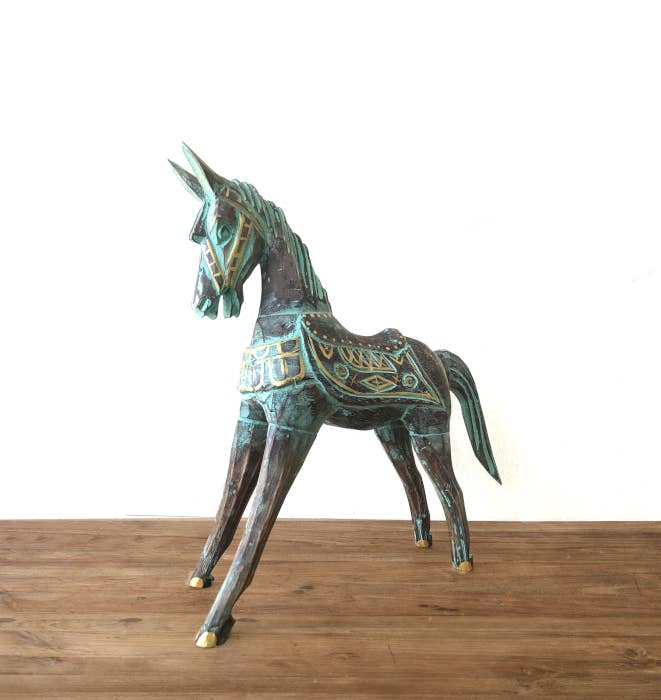 Cheval Antique de Bali | Turquoise & Or | Moyen 25cm