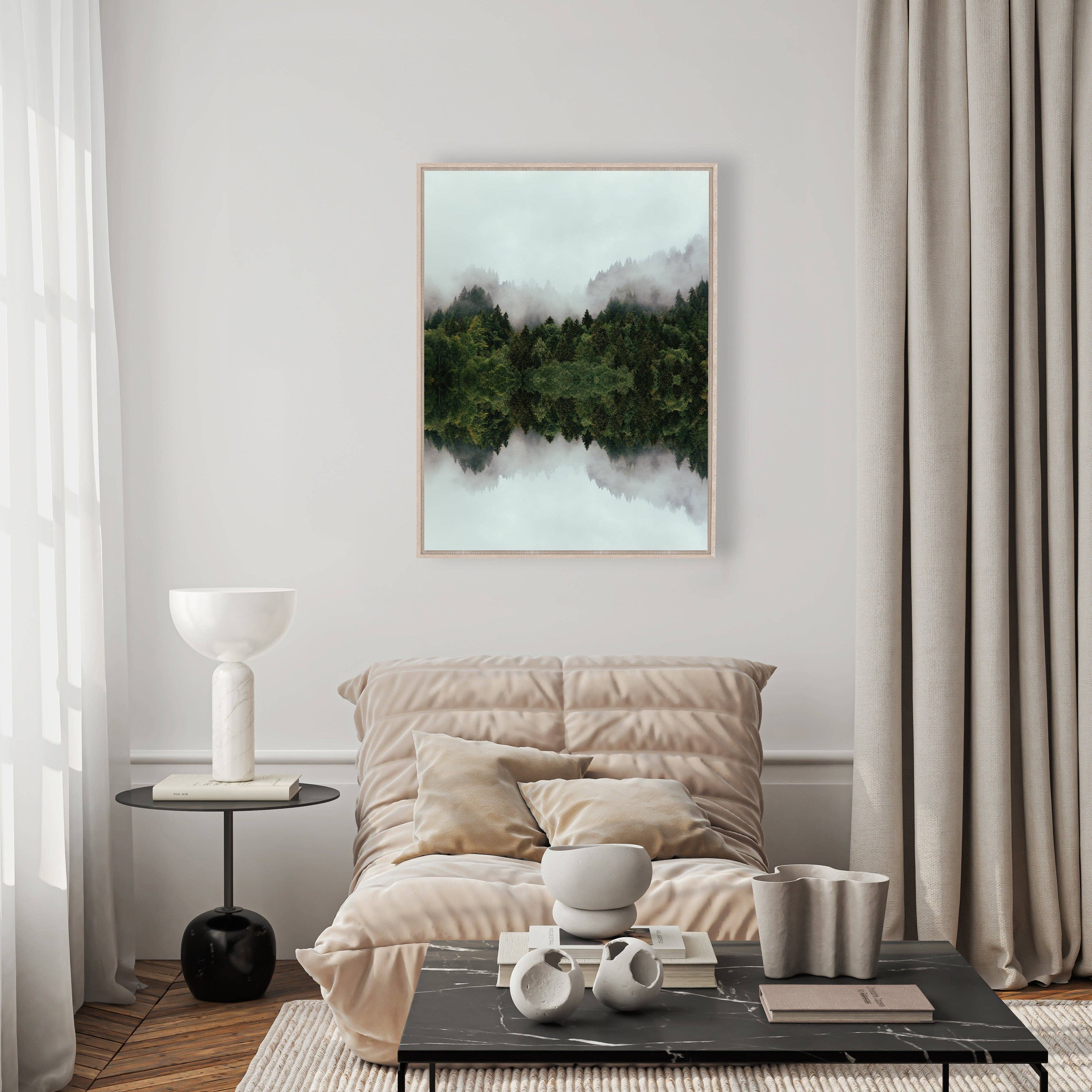 Tranquillité Reflétée – Tableau en velours avec forêt en réflexion