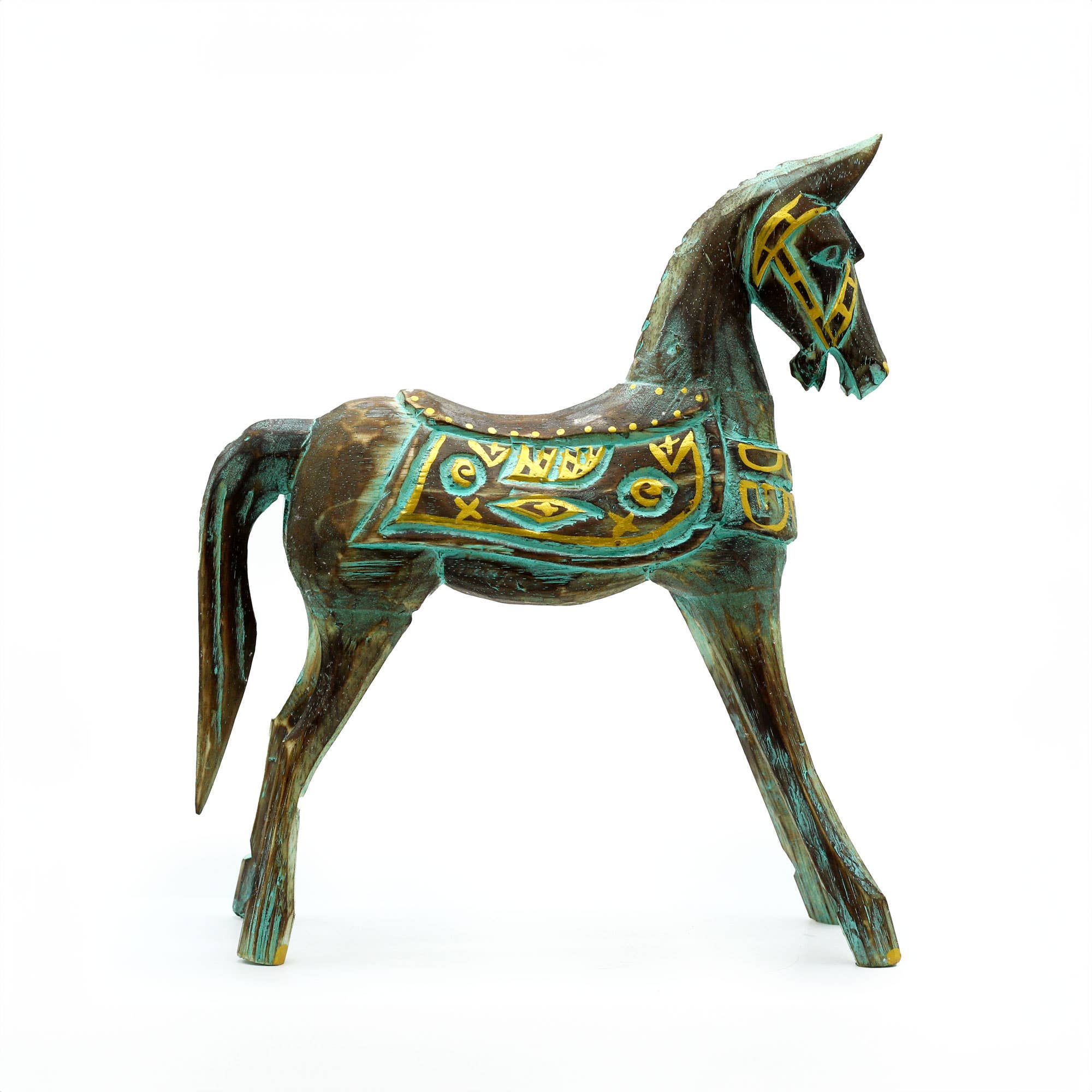 Cheval Antique de Bali | Turquoise & Or | Moyen 25cm
