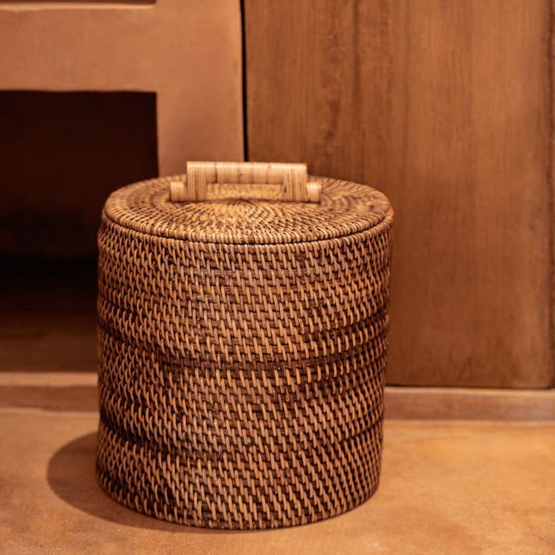 Panier de rangement en rotin avec couvercle – Marron naturel