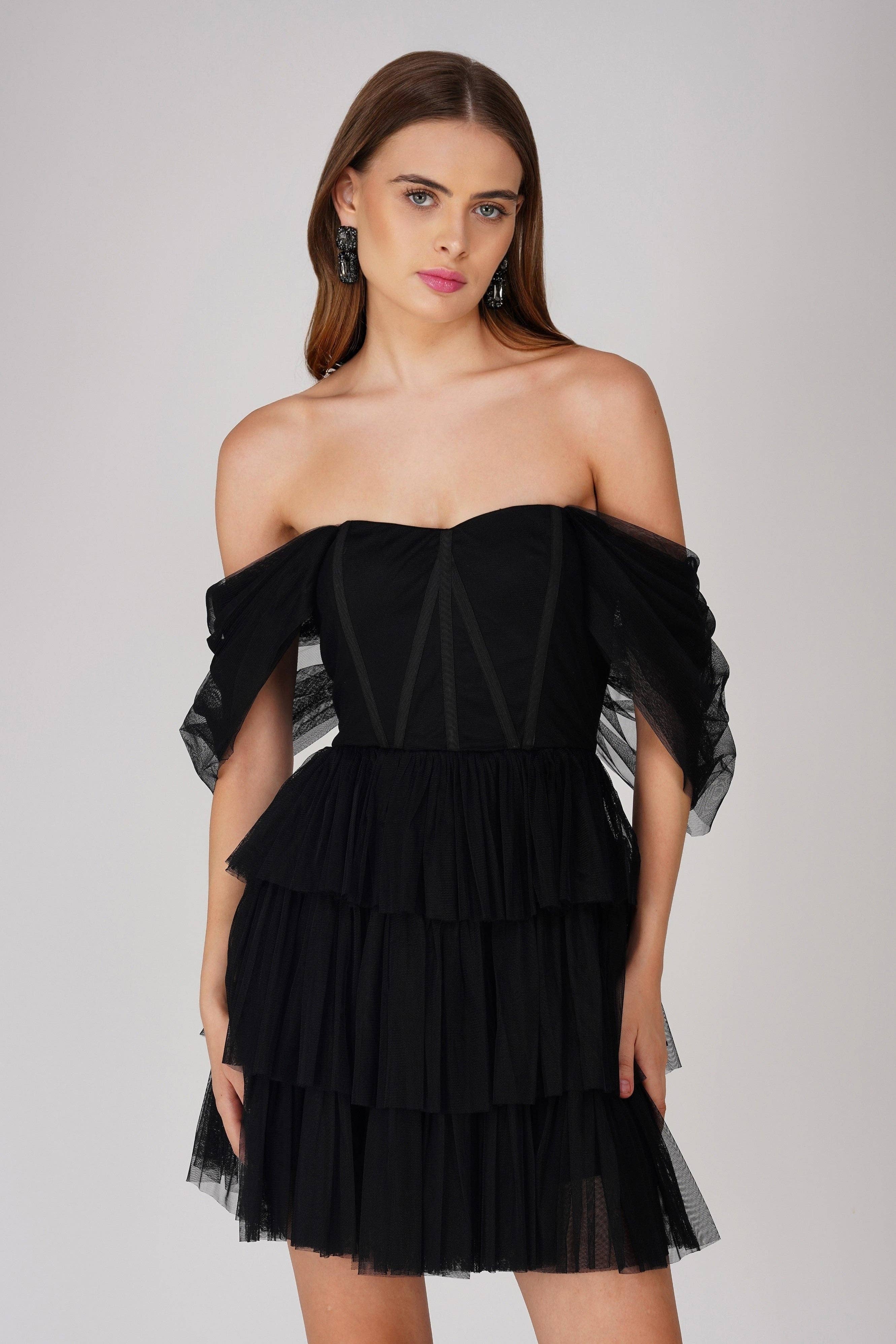 Jayde | Robe courte noire en tulle avec corset