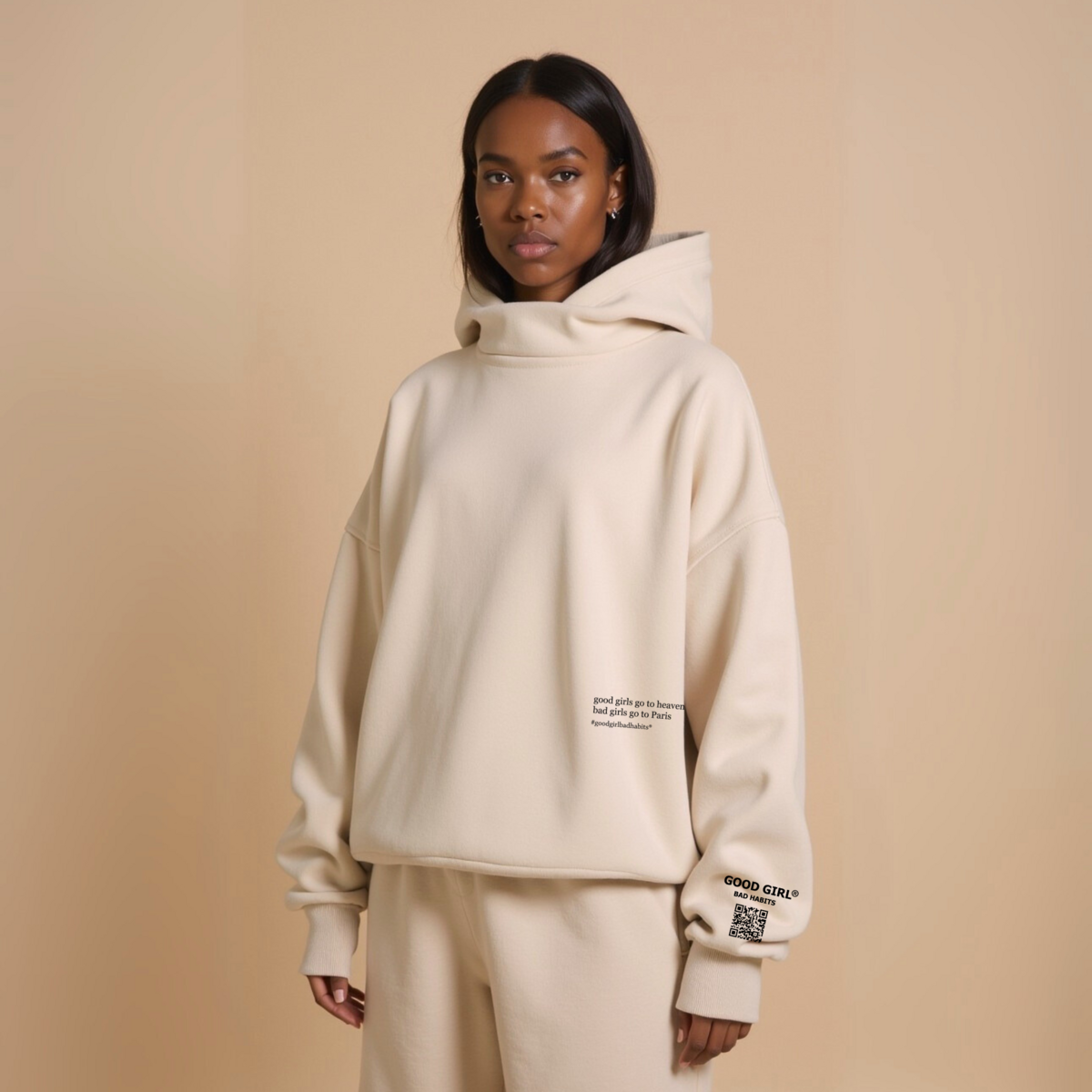 Hoodie “BAD GIRLS GO TO PARIS” – Pink / Beige / Light Blue