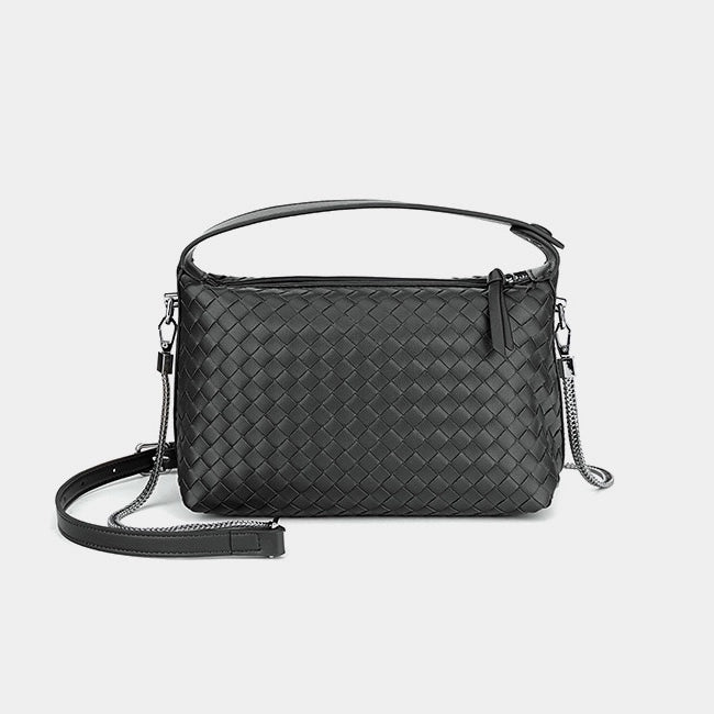 Woven leather bag made of recycled genuine leather