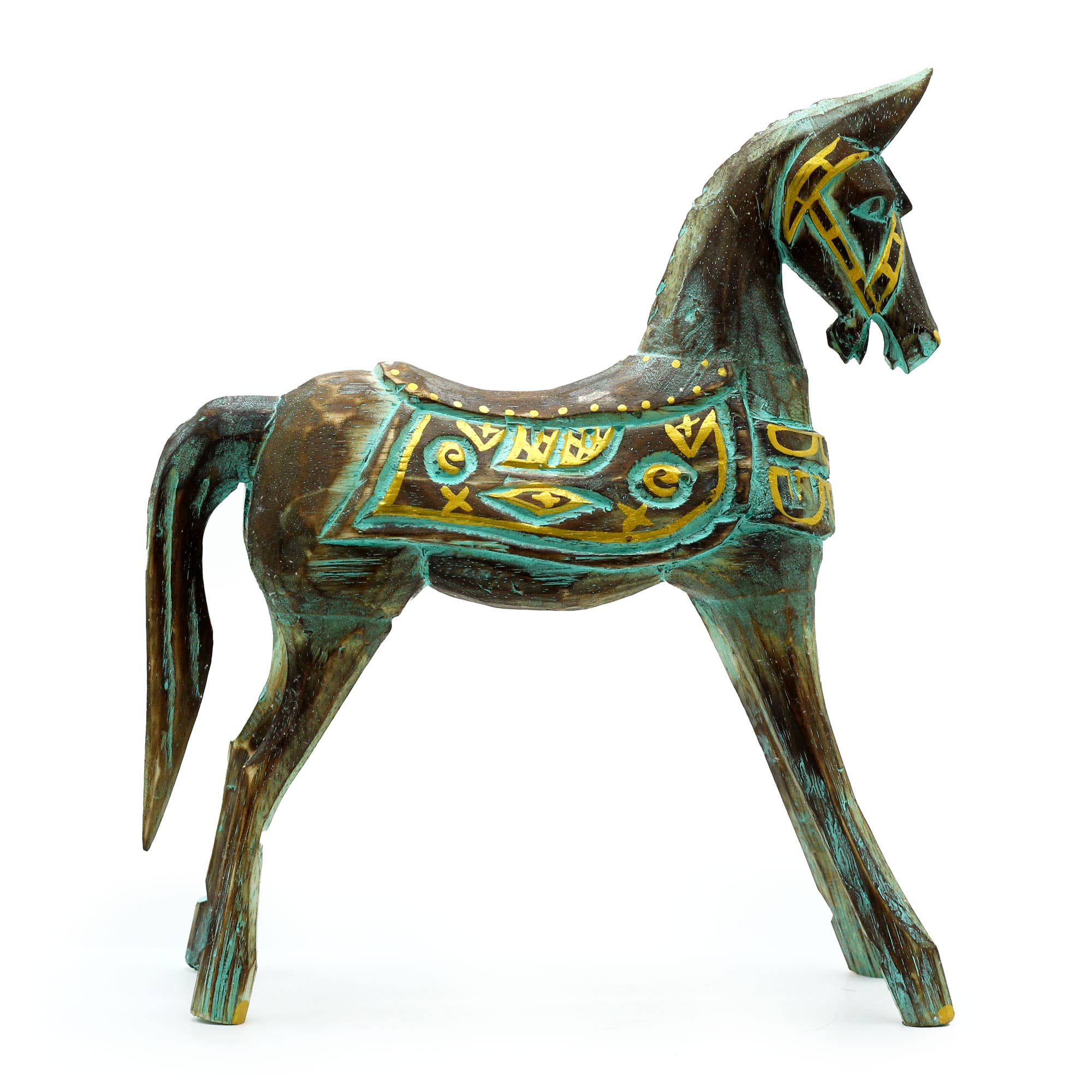Antikes Pferd aus Bali | Türkis & Gold | Groß 32 cm