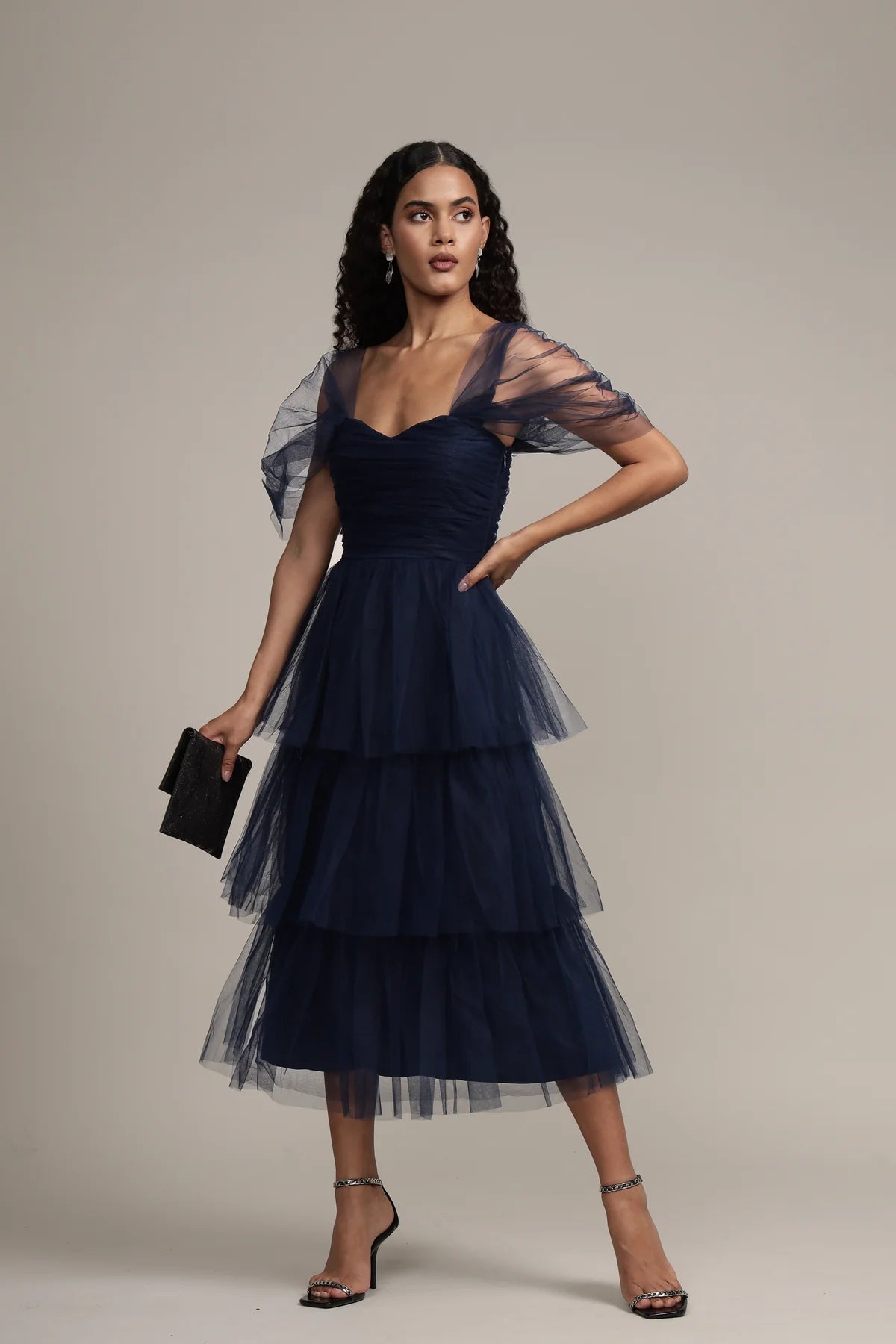 Lace & Beads – Sydney Tulle Midi Dress in Navy