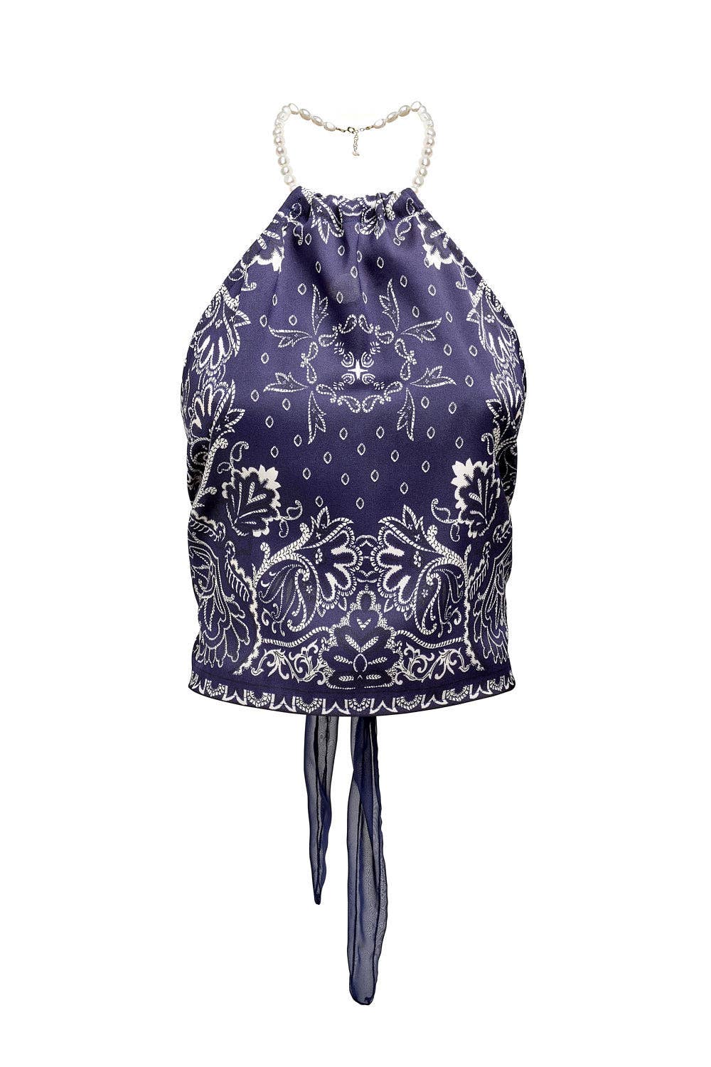 Bandana-Top mit abnehmbarer Perlenkette | Weiß & Blau