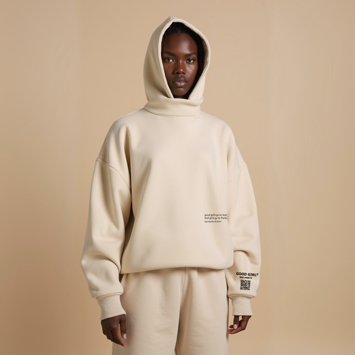 Hoodie “BAD GIRLS GO TO PARIS” – Pink / Beige / Light Blue