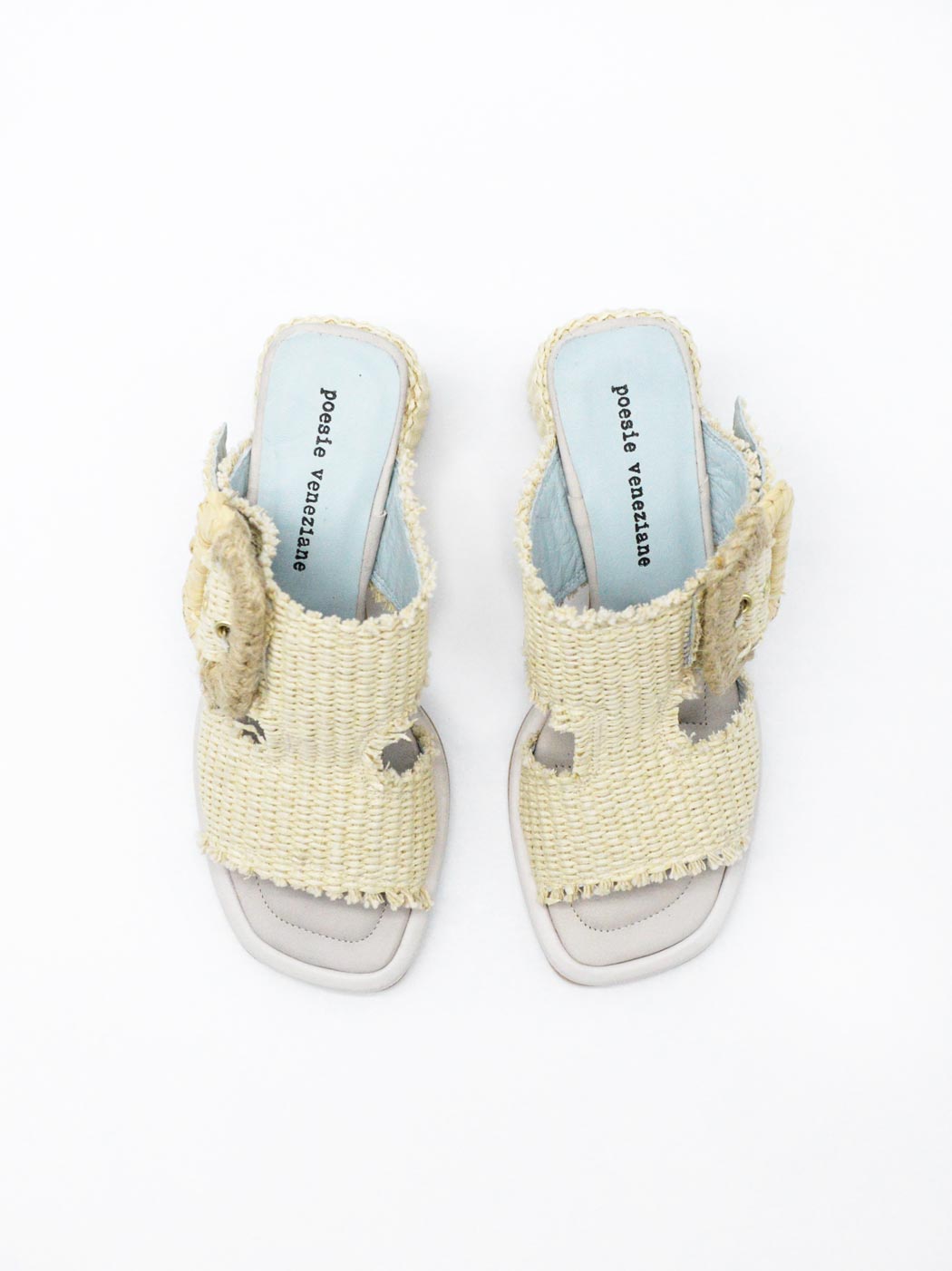 Slip-in heels in raffia with large buckle, Poesie Veneziane