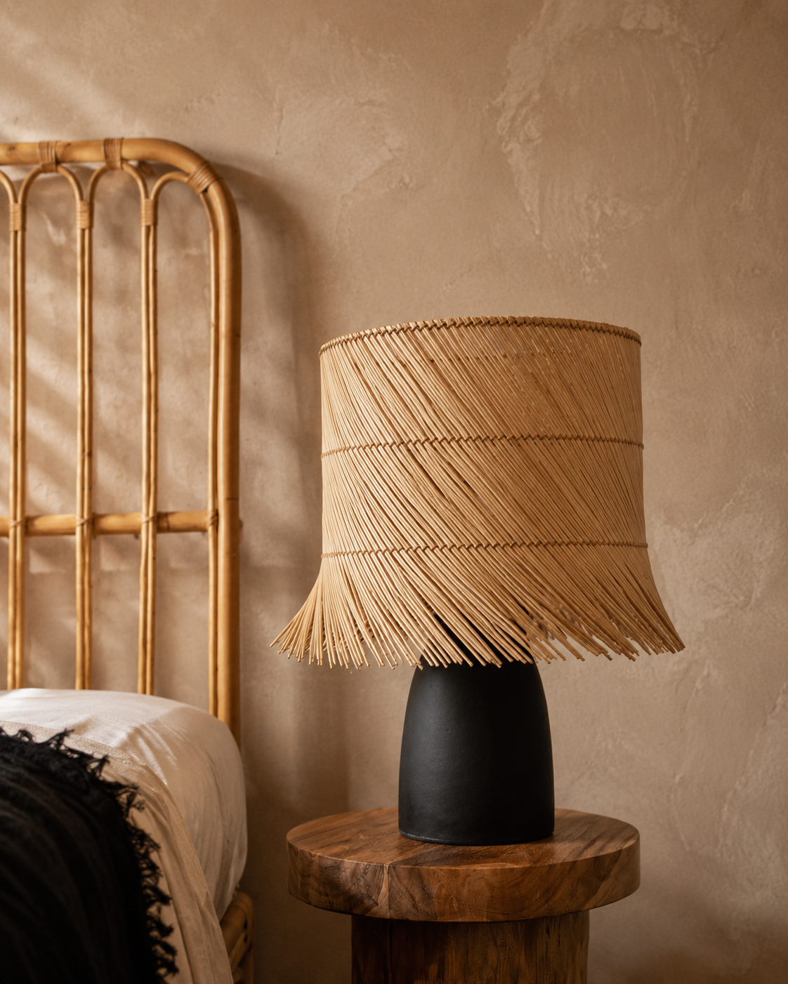 Rattan-Tischleuchte – Schwarz Natur