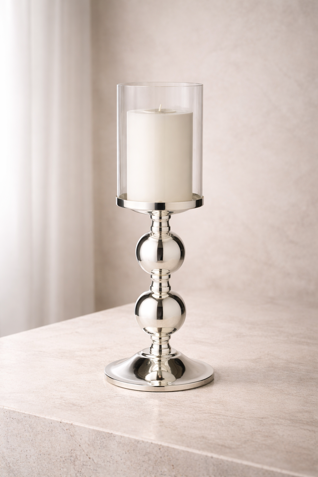 Bamboo | Silberner Kerzenständer mit Glas – 35,5 cm