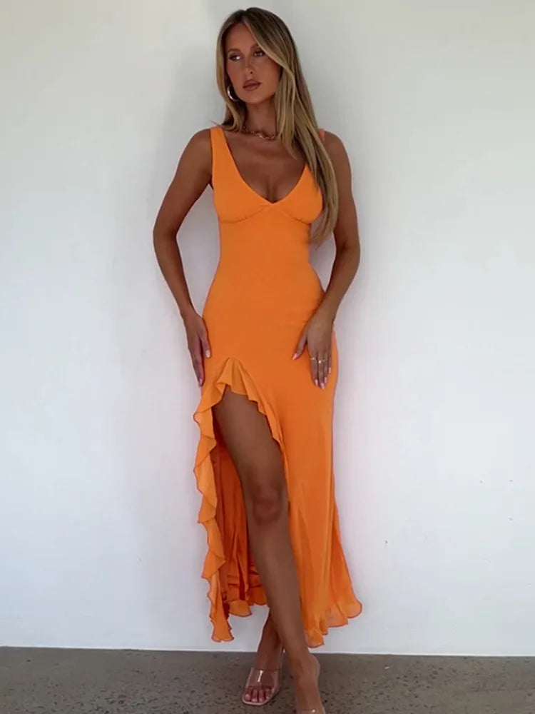 V-Ausschnitt Maxikleid mit hohem Schlitz