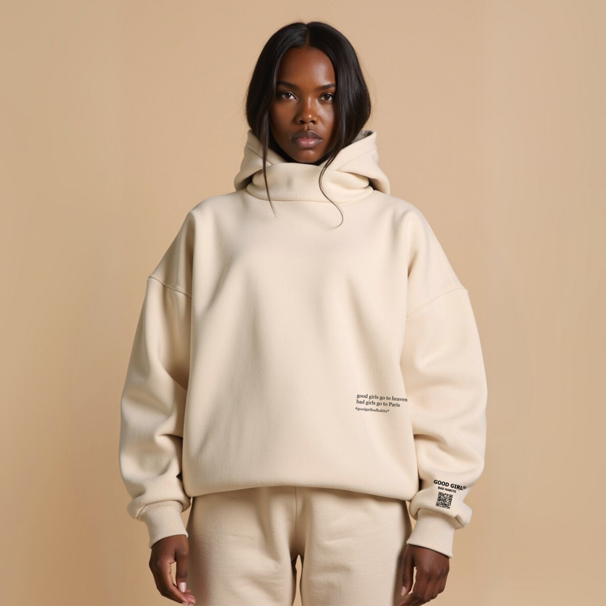 Hoodie “BAD GIRLS GO TO PARIS” – Pink / Beige / Light Blue