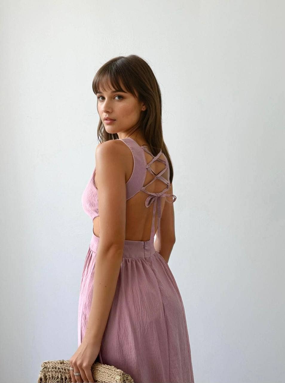 Rosa långklänning med snörning i ryggen