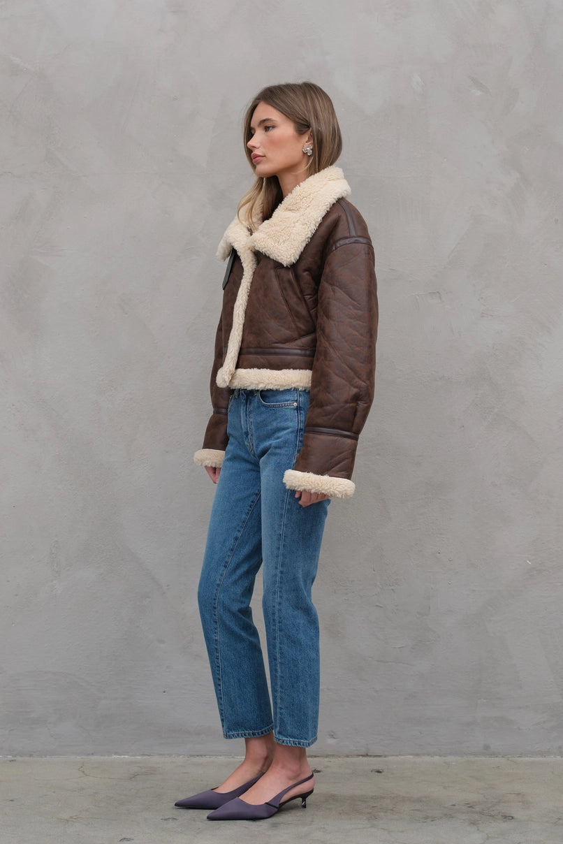 Bikerjacke aus Wildlederimitat mit Kunstfell