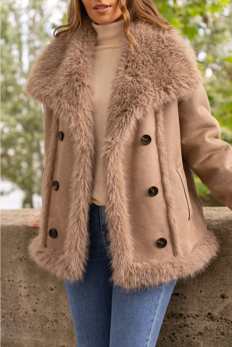 Jacke in Wildlederoptik mit Kunstfell