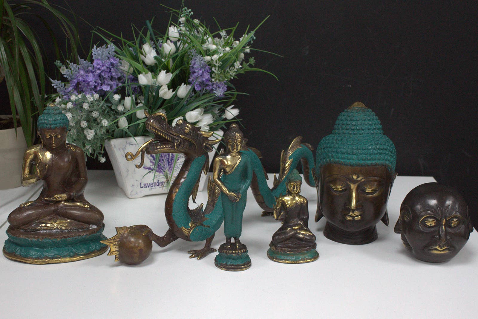 Tête de Bouddha antique en laiton – Grand objet décoratif Feng Shui