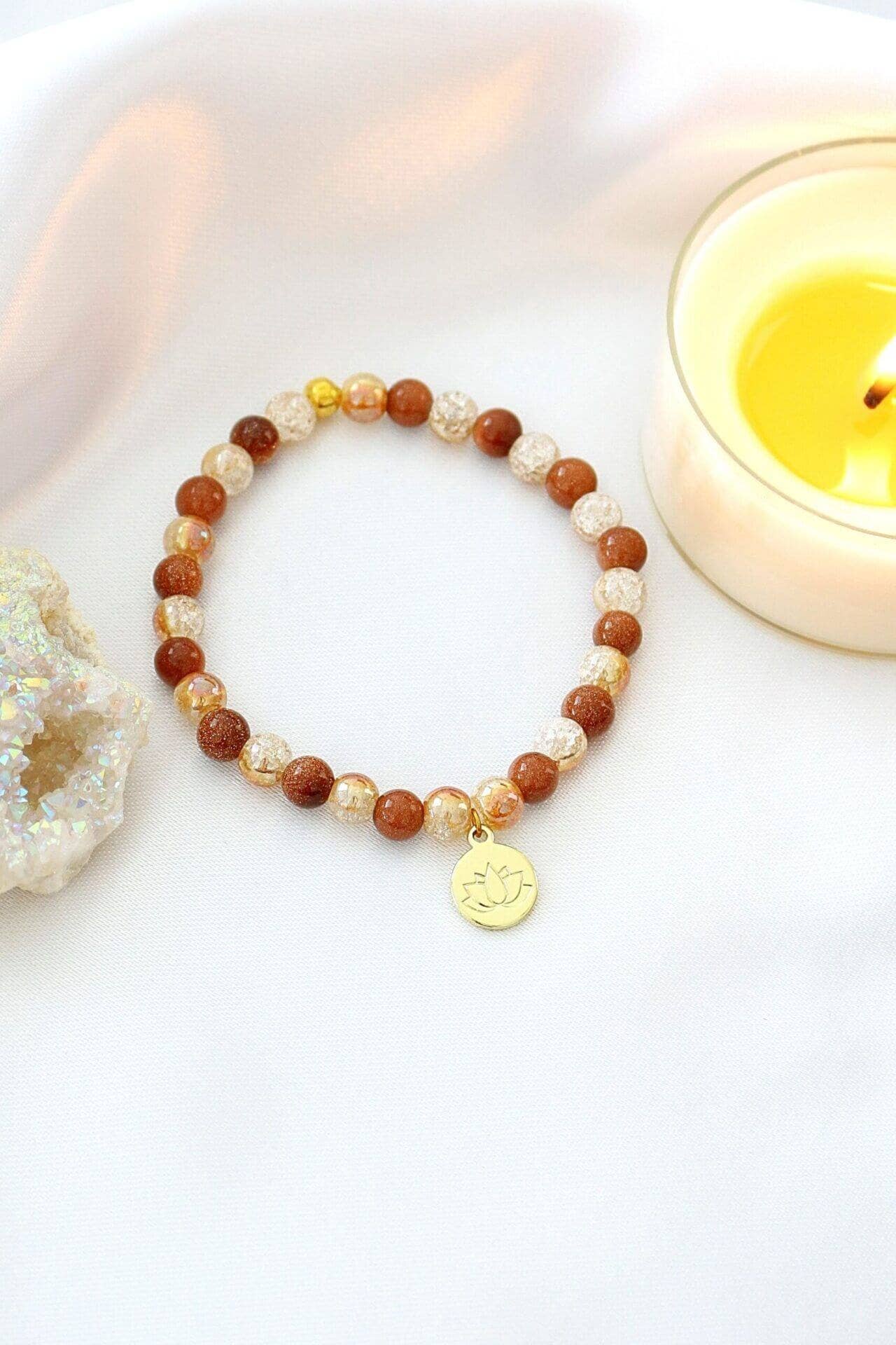 Bracelet Élastique Goldstone | Amulette Lotus 24 Carats