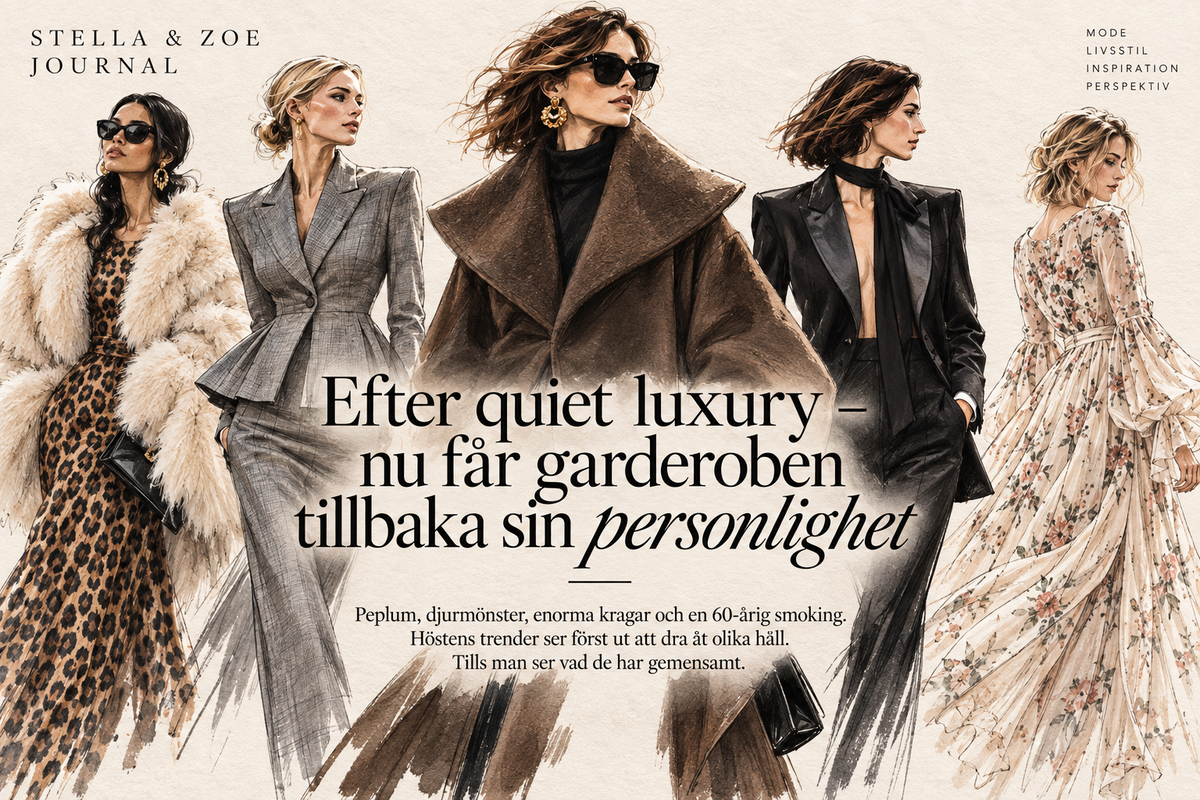 Modeeditorial med höstlooks i rutor, djurmönster, fuskpäls, markerad midja, oversized krage och svart smoking.