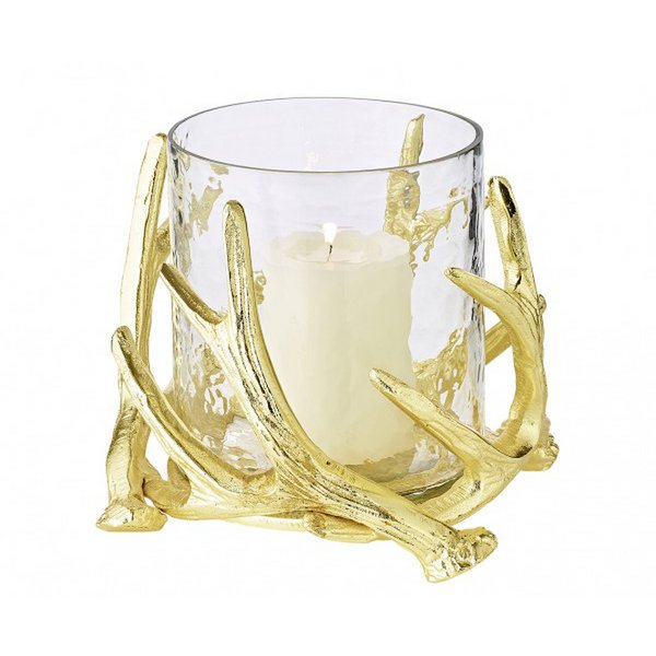 Photophore EDZARD Kingston, motif bois de cerf, aluminium, doré, avec verre, hauteur 15 cm, ø 19 cm
