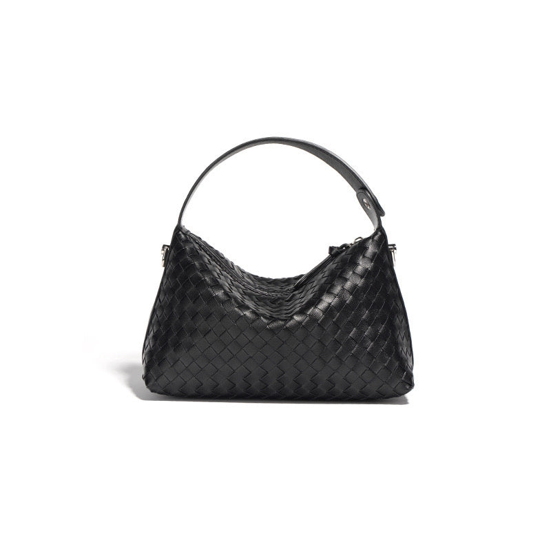 Woven leather bag made of recycled genuine leather 