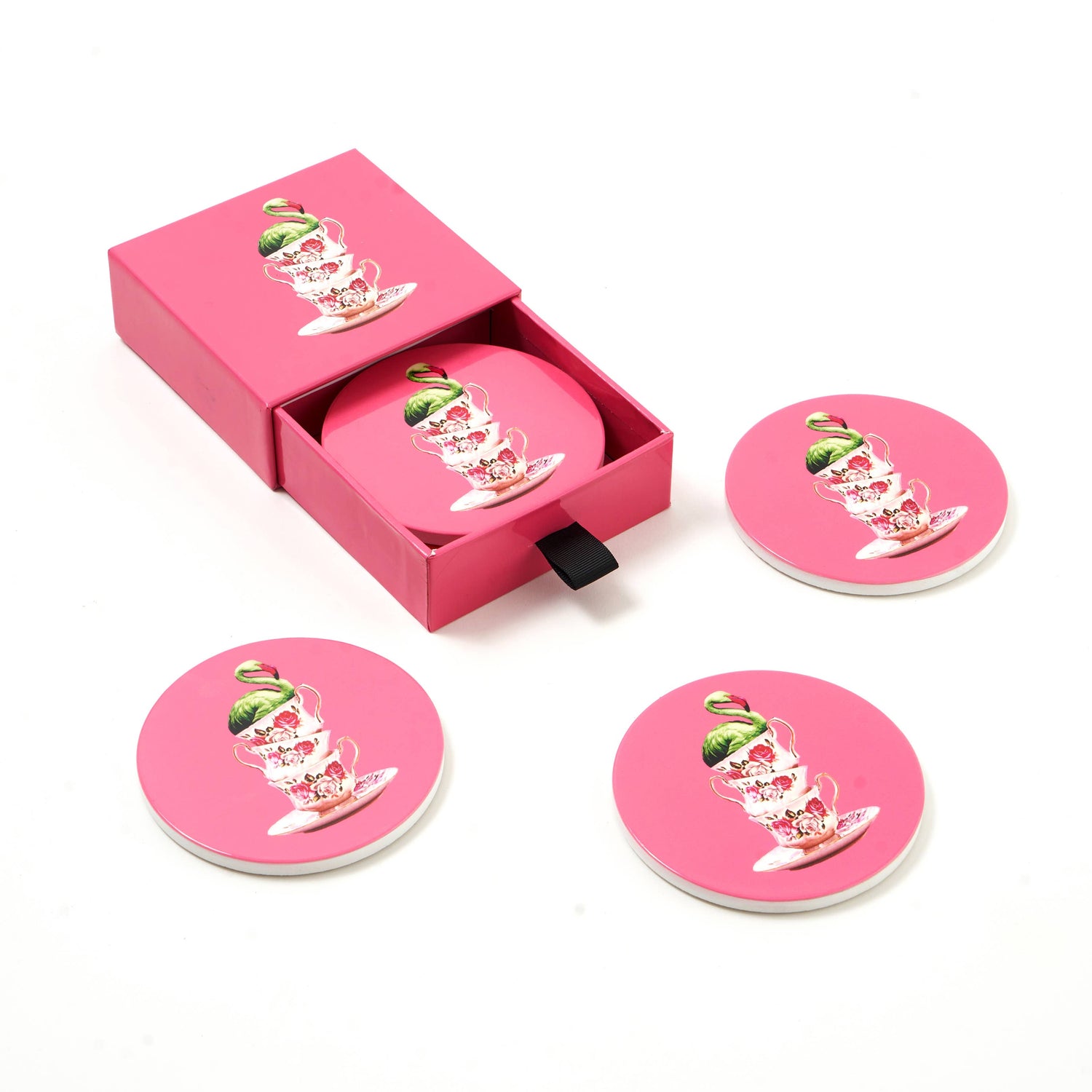 Flamingtea set med 4 keramiska underlägg