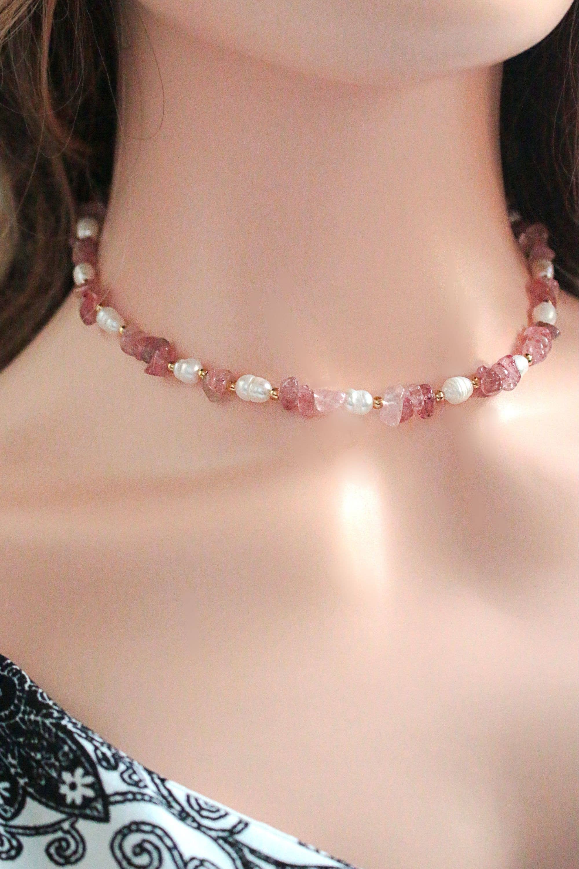 Ras de Cou Fait Main | Quartz Fraise &amp; Perles d&