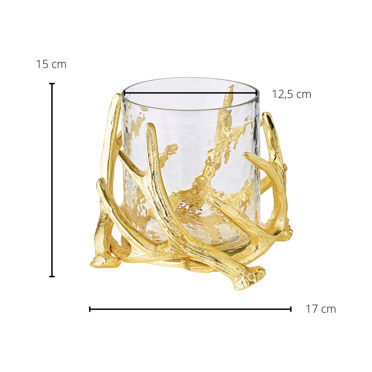 Photophore EDZARD Kingston, motif bois de cerf, aluminium, doré, avec verre, hauteur 15 cm, ø 19 cm