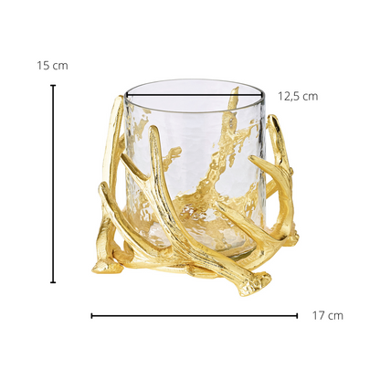 Photophore EDZARD Kingston, motif bois de cerf, aluminium, doré, avec verre, hauteur 15 cm, ø 19 cm