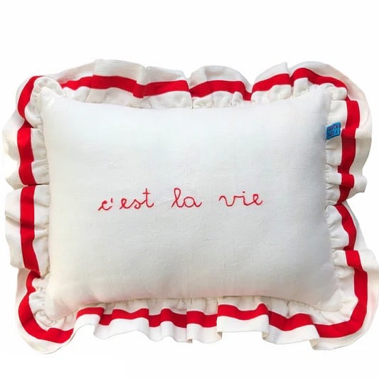 Hand-embroidered linen cushions with frills | 40 x 30 cm