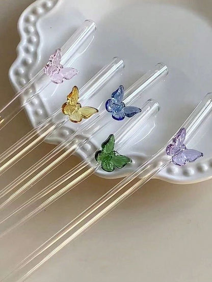 Glass straw with butterflies