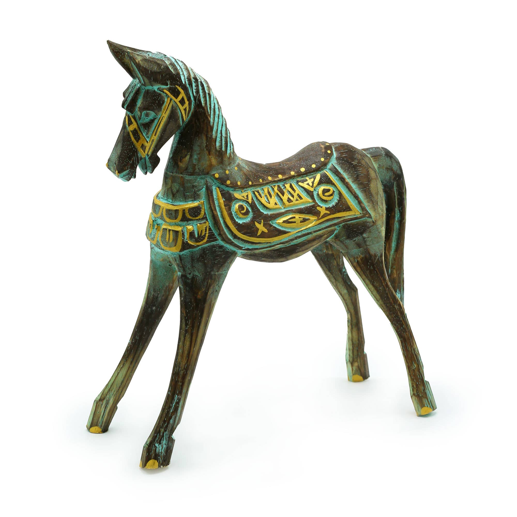 Antikes Pferd aus Bali | Türkis &amp; Gold | Groß 32 cm