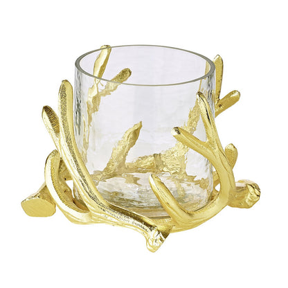 EDZARD Windlicht Kingston, Geweihdesign, Aluminium, goldfarben, mit Glas, Höhe 10 cm, ø 15 cm