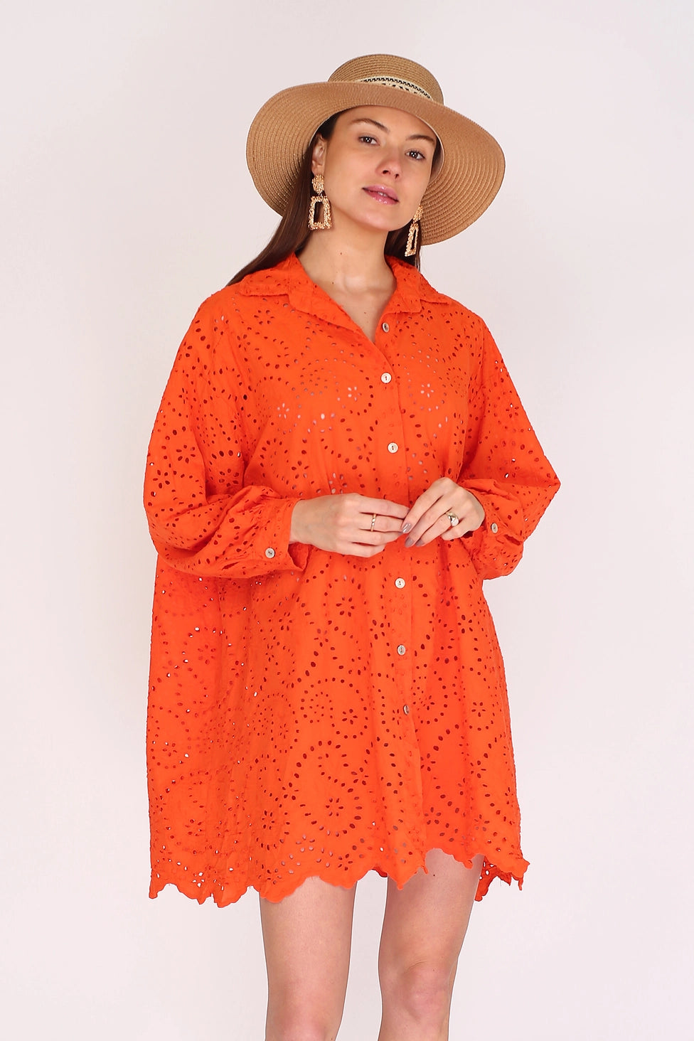 Shirt dress in cotton with eyelet embroidery, NOÉLINE