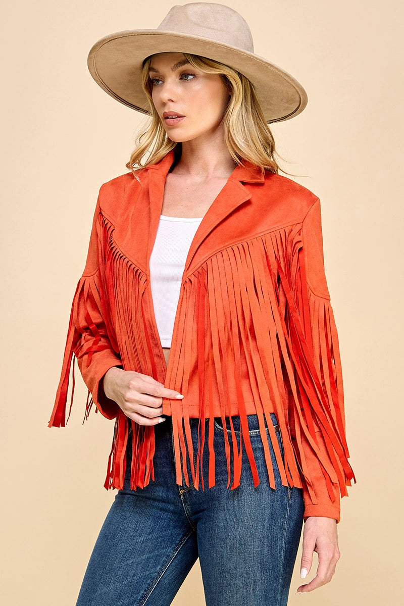 Faux Suede Fringe Jacket, Aiblee