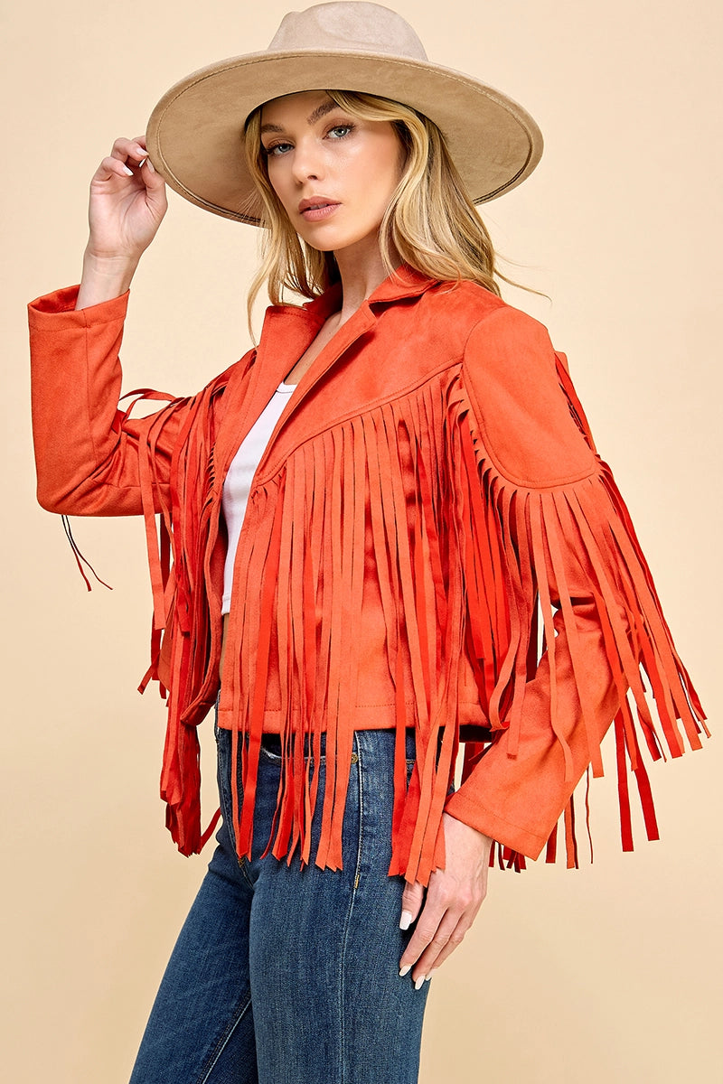 Faux Suede Fringe Jacket, Aiblee