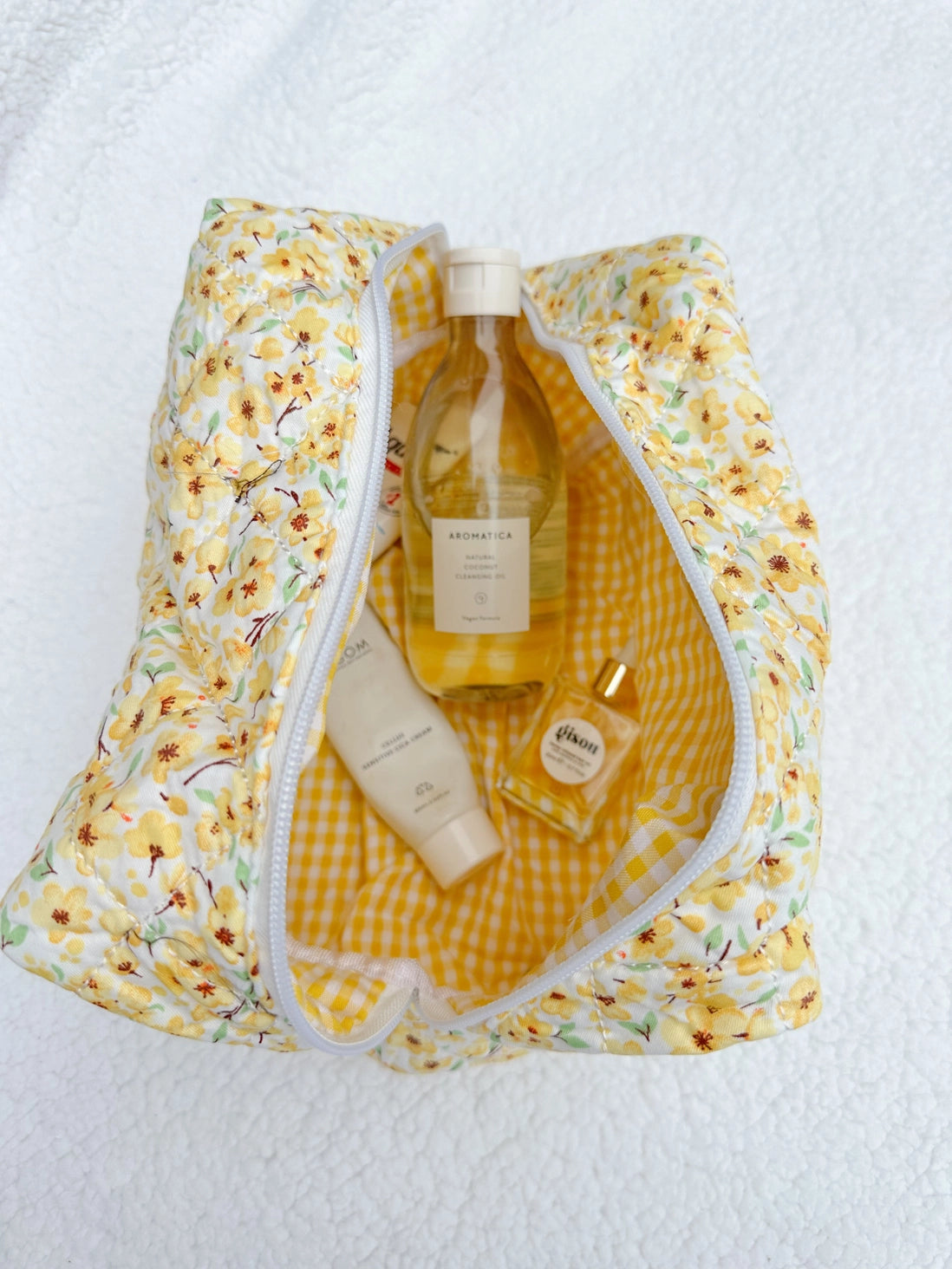 Yellow Flower Quilted Handmade Cosmetic Bag, Sunkissed Coconut