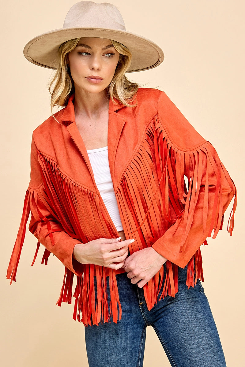 Faux Suede Fringe Jacket, Aiblee