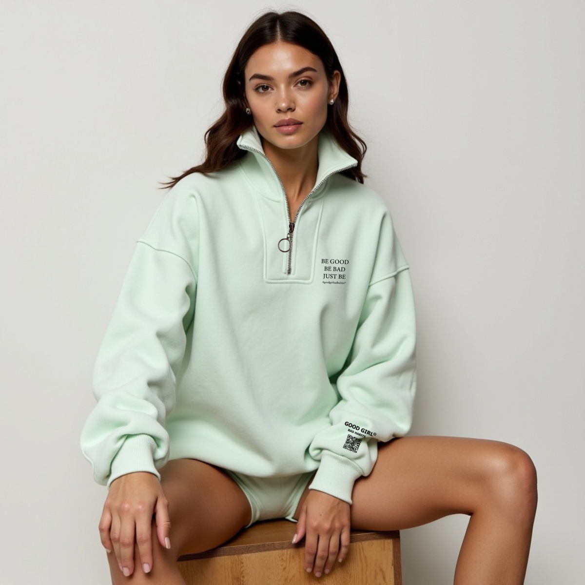 Half Zip Sweat “BE GOOD BE BAD JUST BE” – Black / Mint / Baby Blue