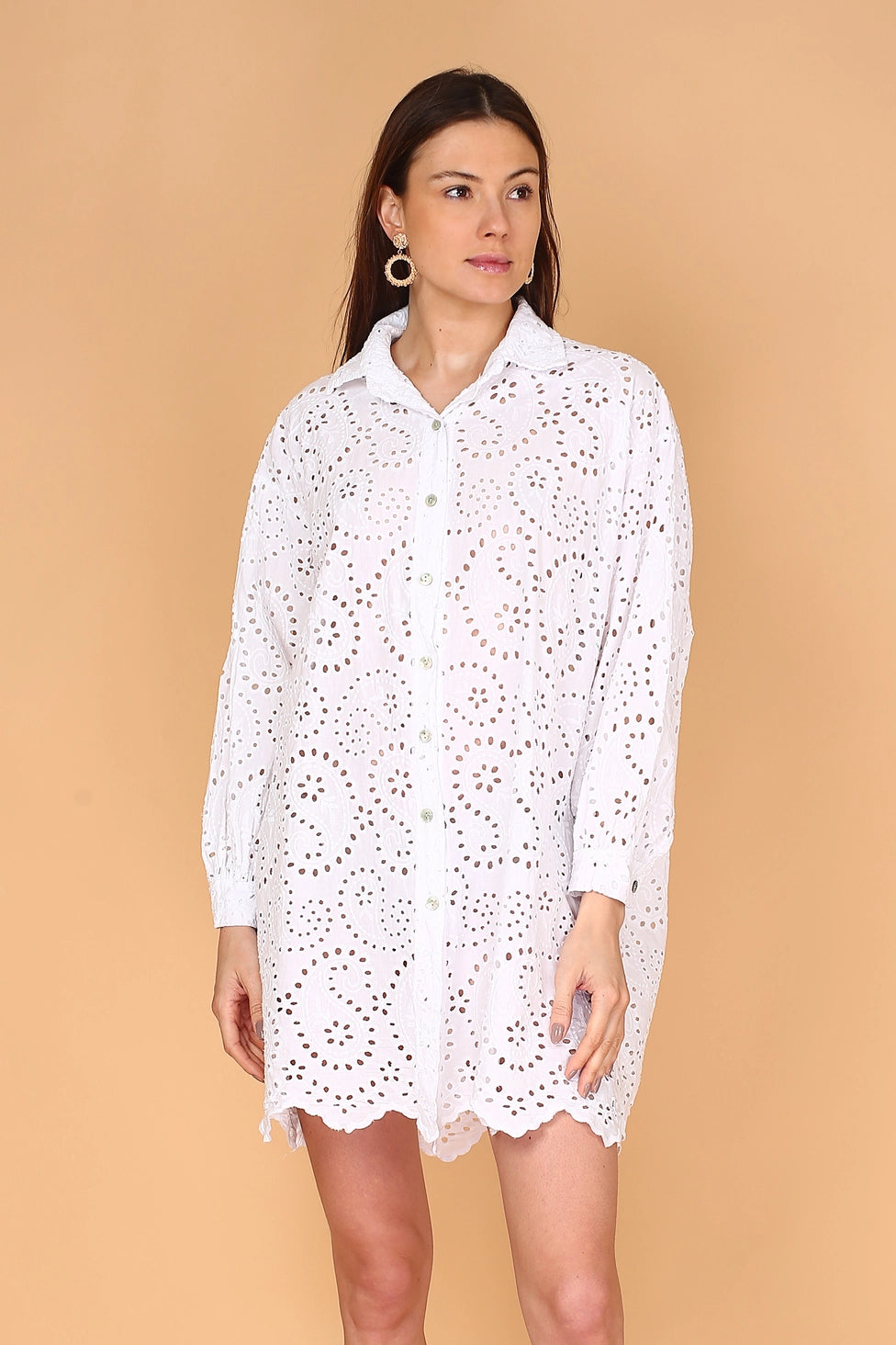 Shirt dress in cotton with eyelet embroidery, NOÉLINE