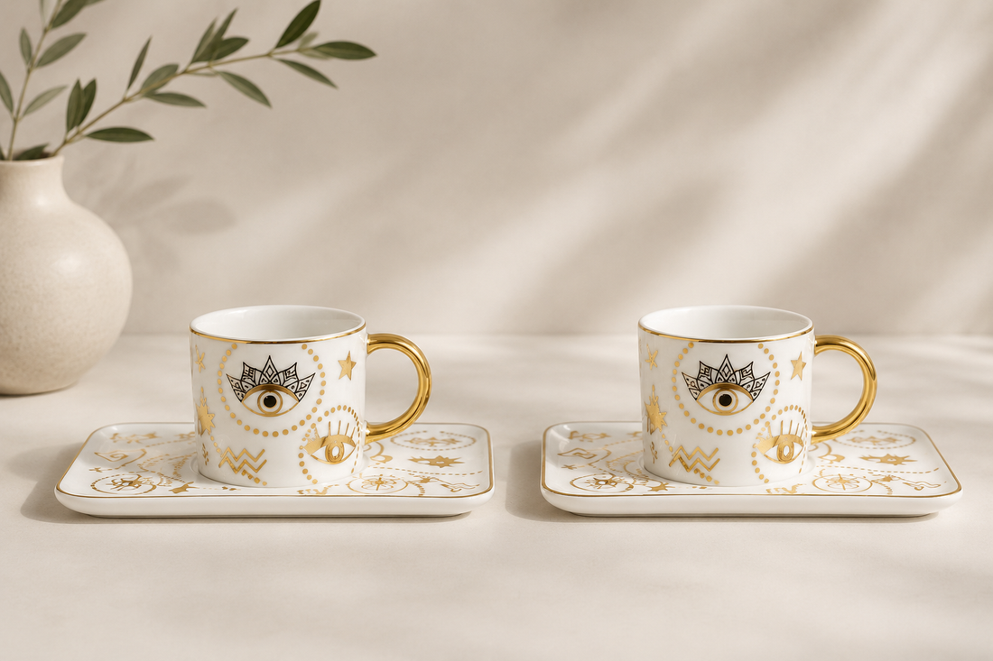 Evil Eye &amp; Hamsa | Kaffekoppar med Fat - Set om 2