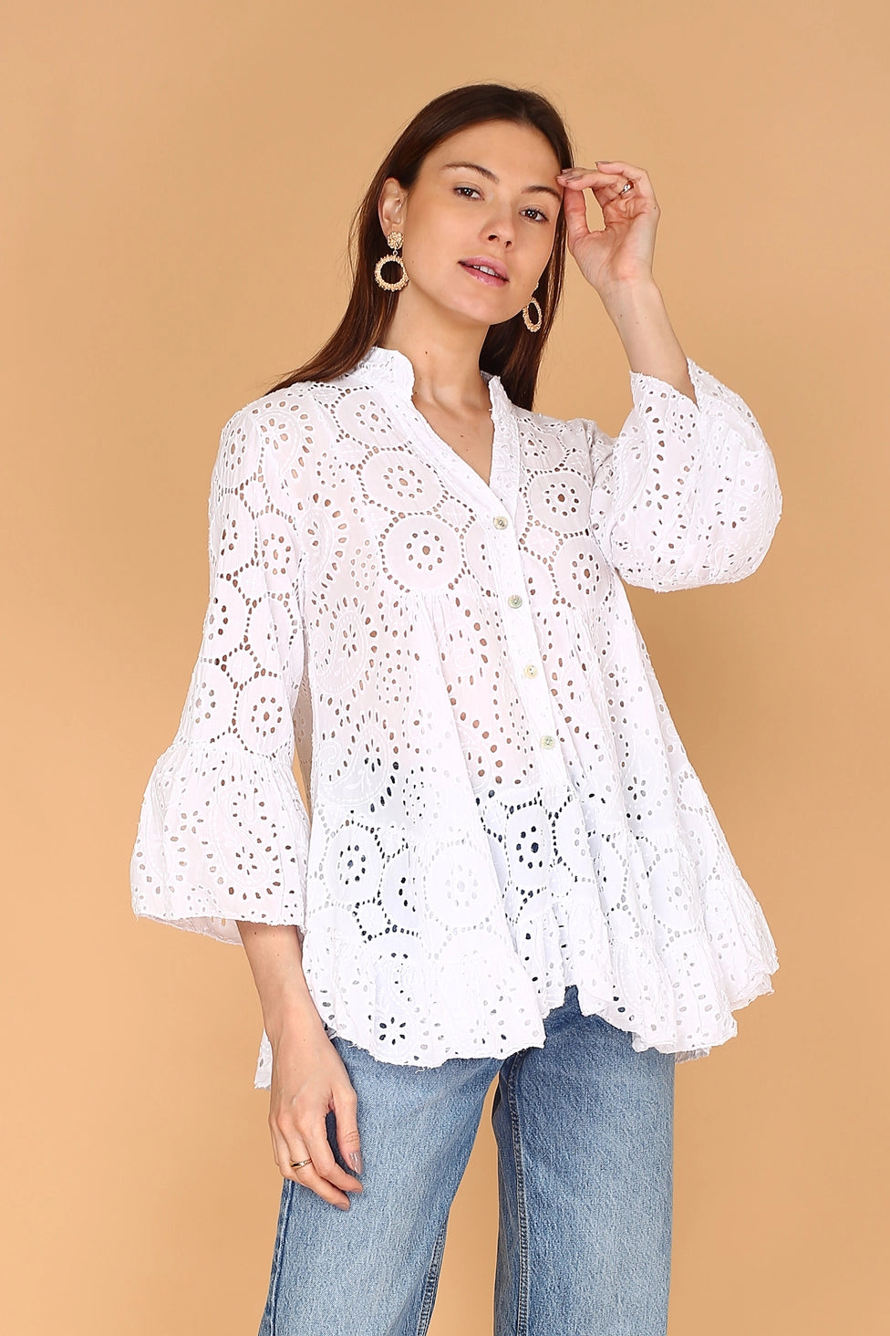 Blouse in Cotton with Hole Embroidery, NOÉLINE