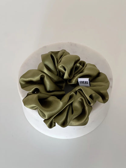 Olive Green Pure Silk Scrunchie, SYLKI LONDON