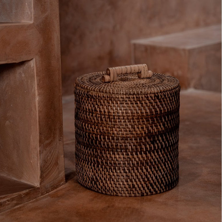 Panier de rangement en rotin avec couvercle – Marron naturel