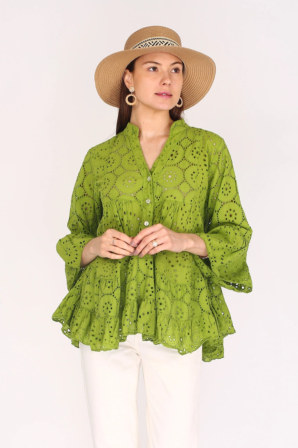 Blouse in Cotton with Hole Embroidery, NOÉLINE