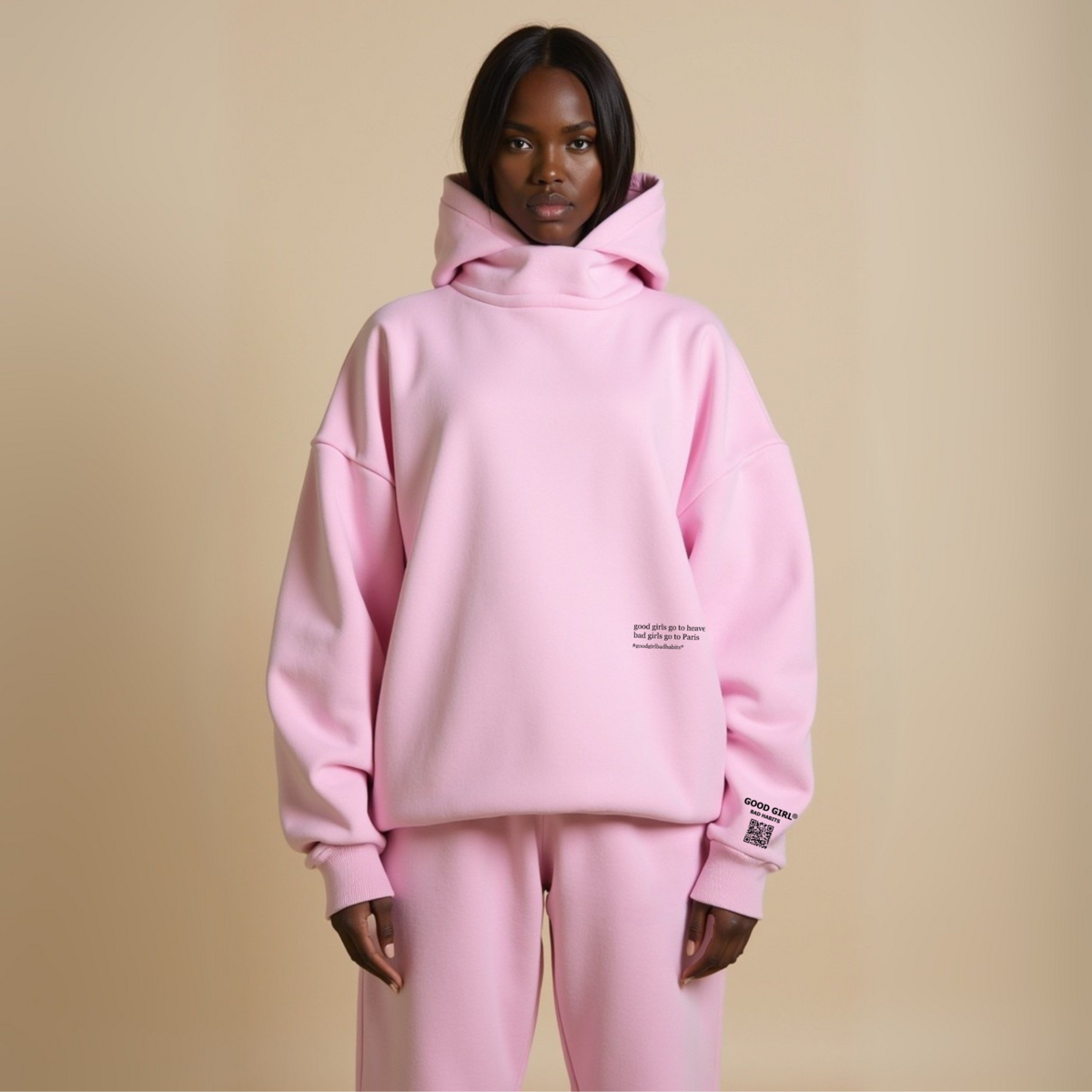 Hoodie “BAD GIRLS GO TO PARIS” – Pink / Beige / Light Blue