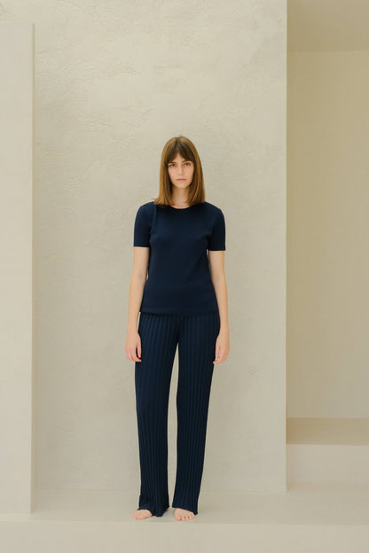 Plisserade stickade byxor i kammad bomull | Lèmme